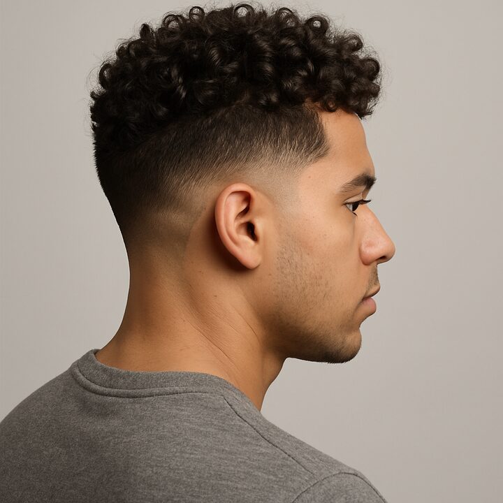 Corte Burst Fade com Cachos — lateral