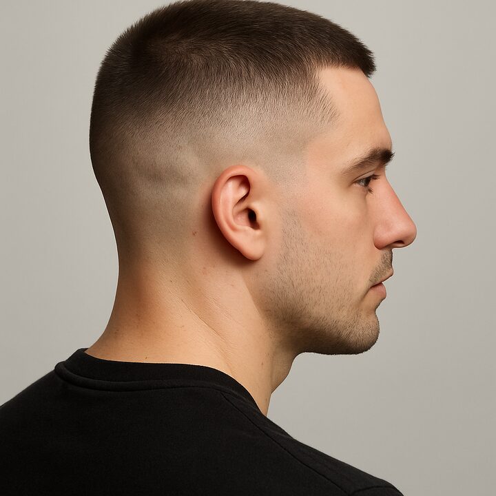 Corte Buzz Cut + Skin Fade — lateral
